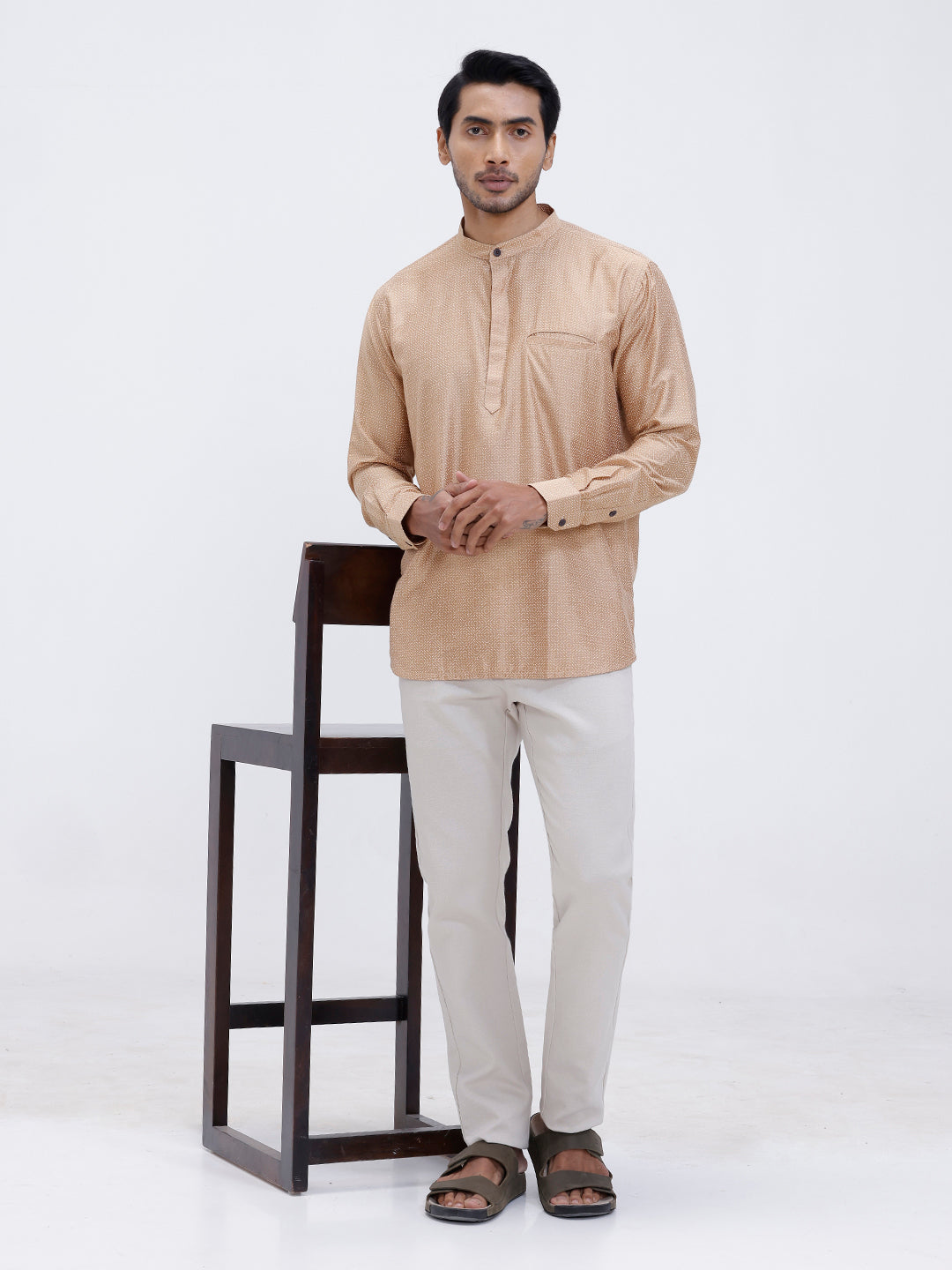 Men Cotton Short Length Printed Pocket Kurta Khaki Beige RL18
