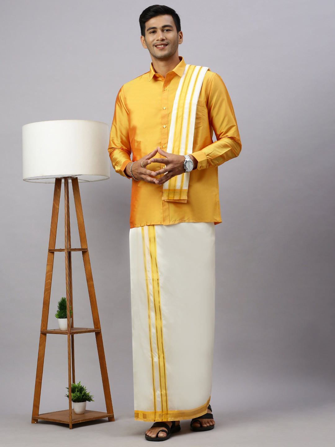 Mens Full Sleeves Golden Yellow Shirt with Matching Border Cream Dhoti & Towel Set