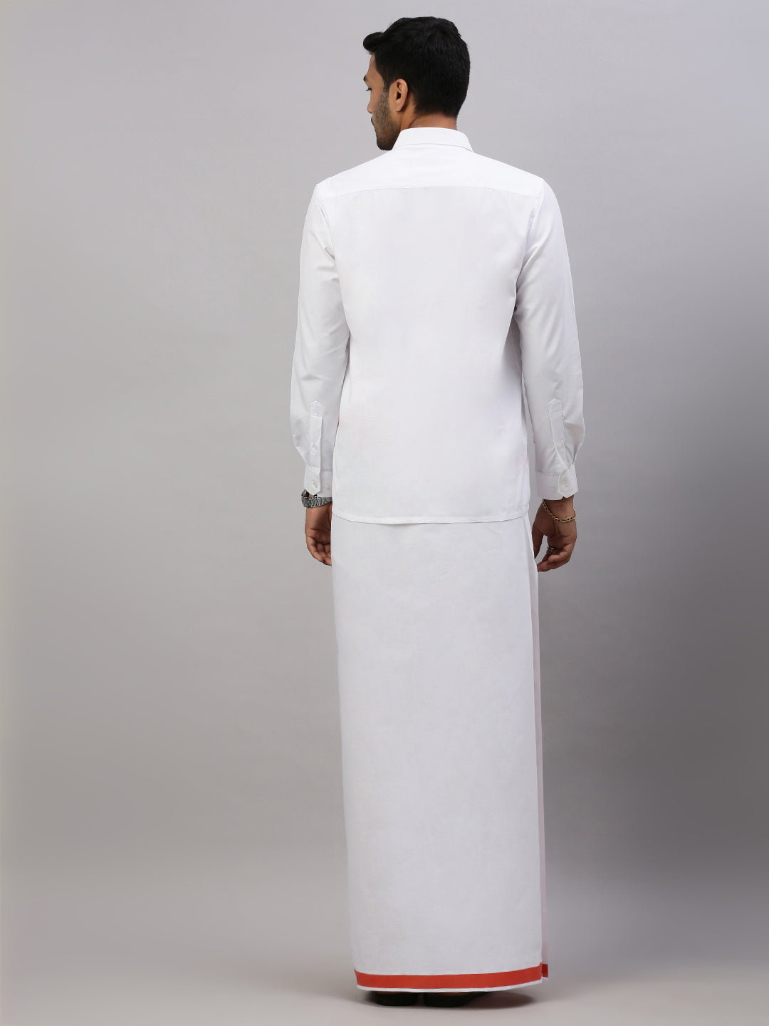 Men White Shirt with Scarlet Orange Border Single Layer Dhoti Combo WP17