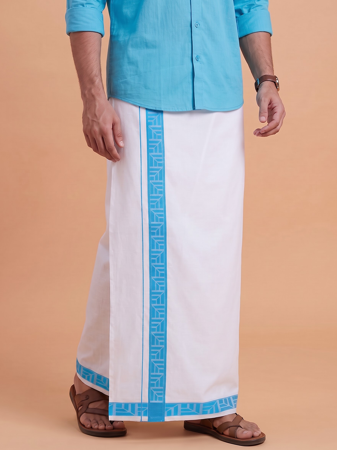 Single Layer Cotton Blend White Dhoti With Blue Jacquard Design Border ELC01