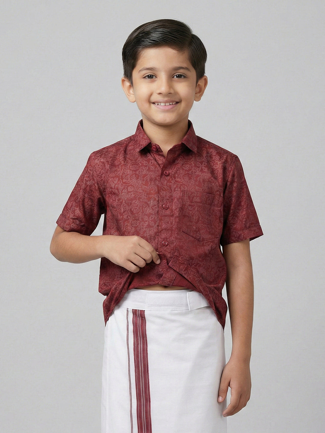 Boys Deep Red Matching Border Dhoti With Printed Shirt Set Fusion PS22