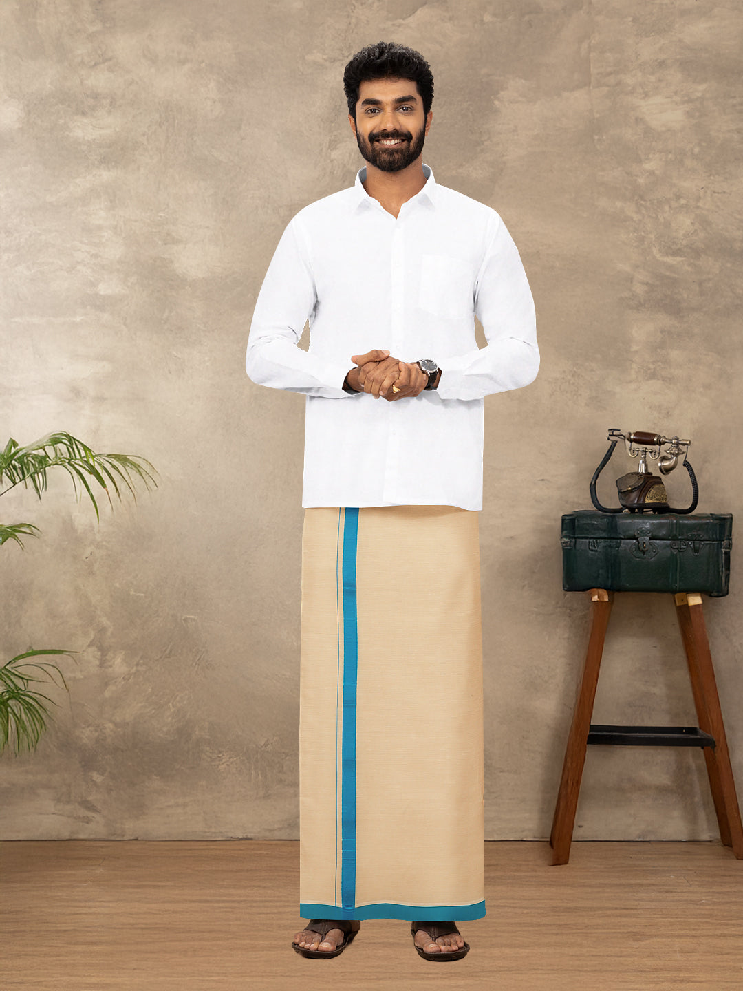 Men Cotton Blend Single Layer Gold Dhoti with Big Border Yogi Spl2