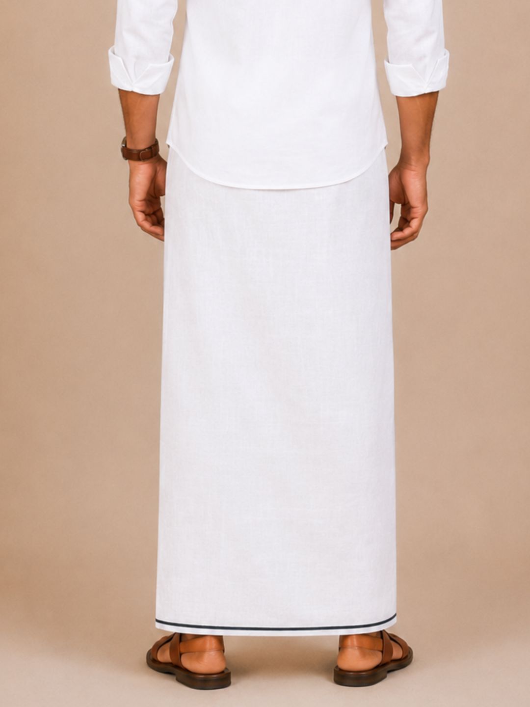 Men Cotton Linen Single Layer White Dhoti with Small Border Lee Sort LDS01