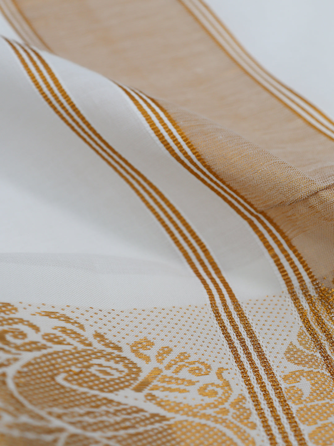 Men White Cotton Gold Fancy Jari Border Panchakacham with Angavasthram (9+5) Pet