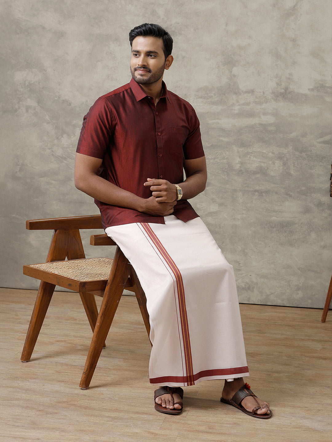 Men Cotton Blend Maroon Shirt and Tissue Dhoti Set VB7