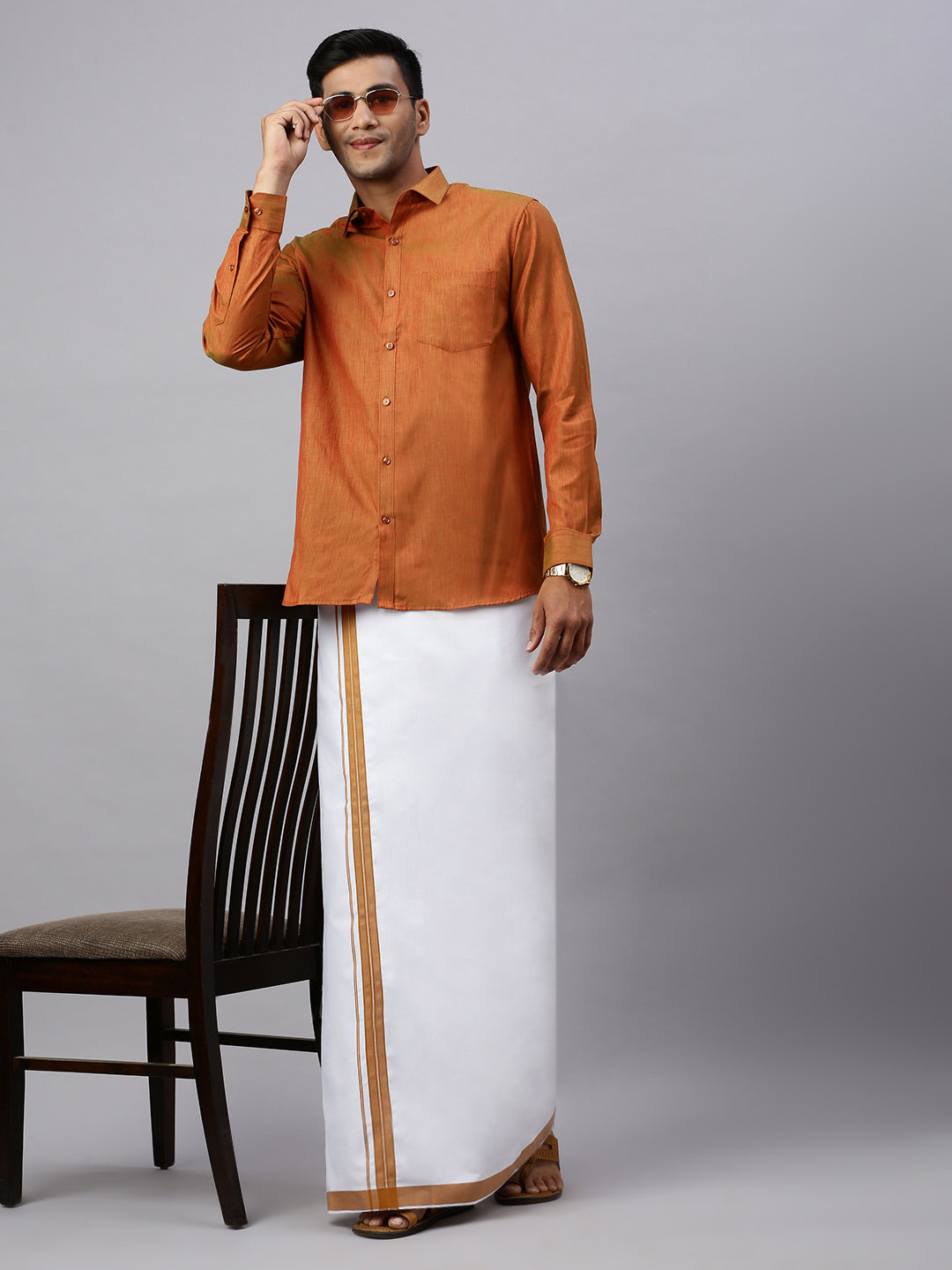 Men Brown Matching Border Dhoti & Full Sleeves Shirt Set CV3
