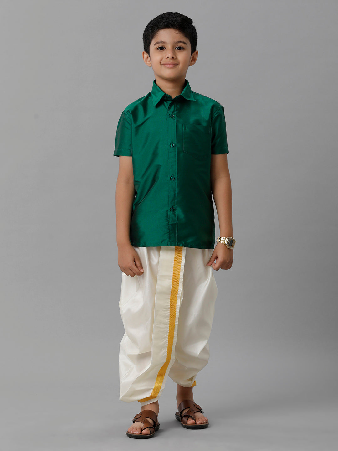 Boys Silk Cotton Dark Green Half Sleeves Shirt with Soft Silk Panchakacham Combo K9-Front view