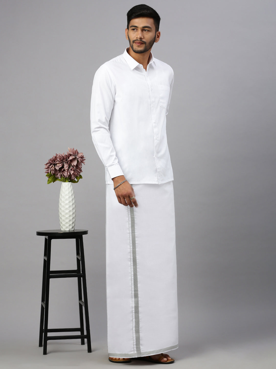 Men Cotton Blend Double Layer White Dhoti with 3/4"Silver Jari Border Ivory