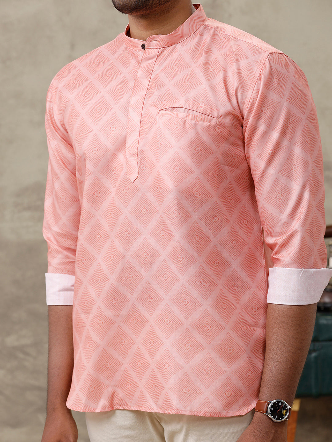 Men Cotton Short Length Printed Pocket Kurta Orangy Pink RH13