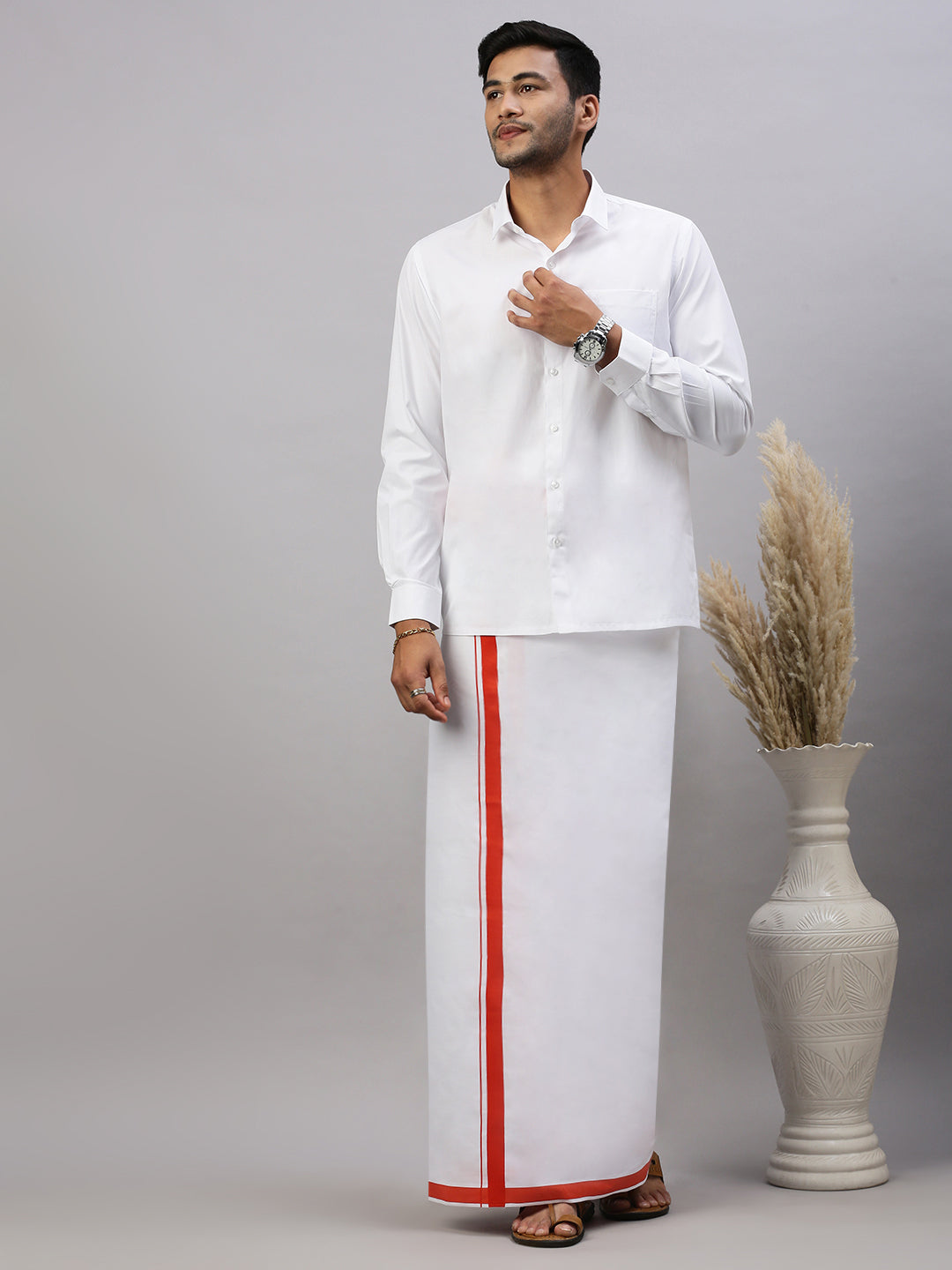 Men Cotton Blend Single Layer White Dhoti with Big Border WS08