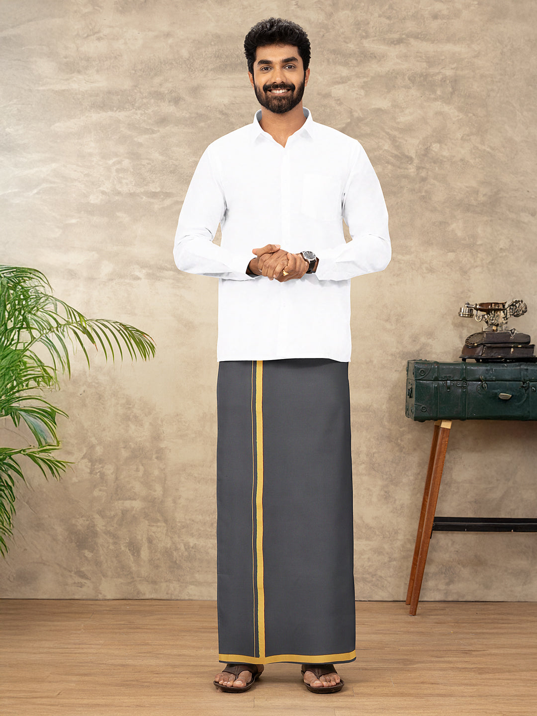 Men 100% Cotton Single Layer Dark Cement Dhoti with Big Border Poojan