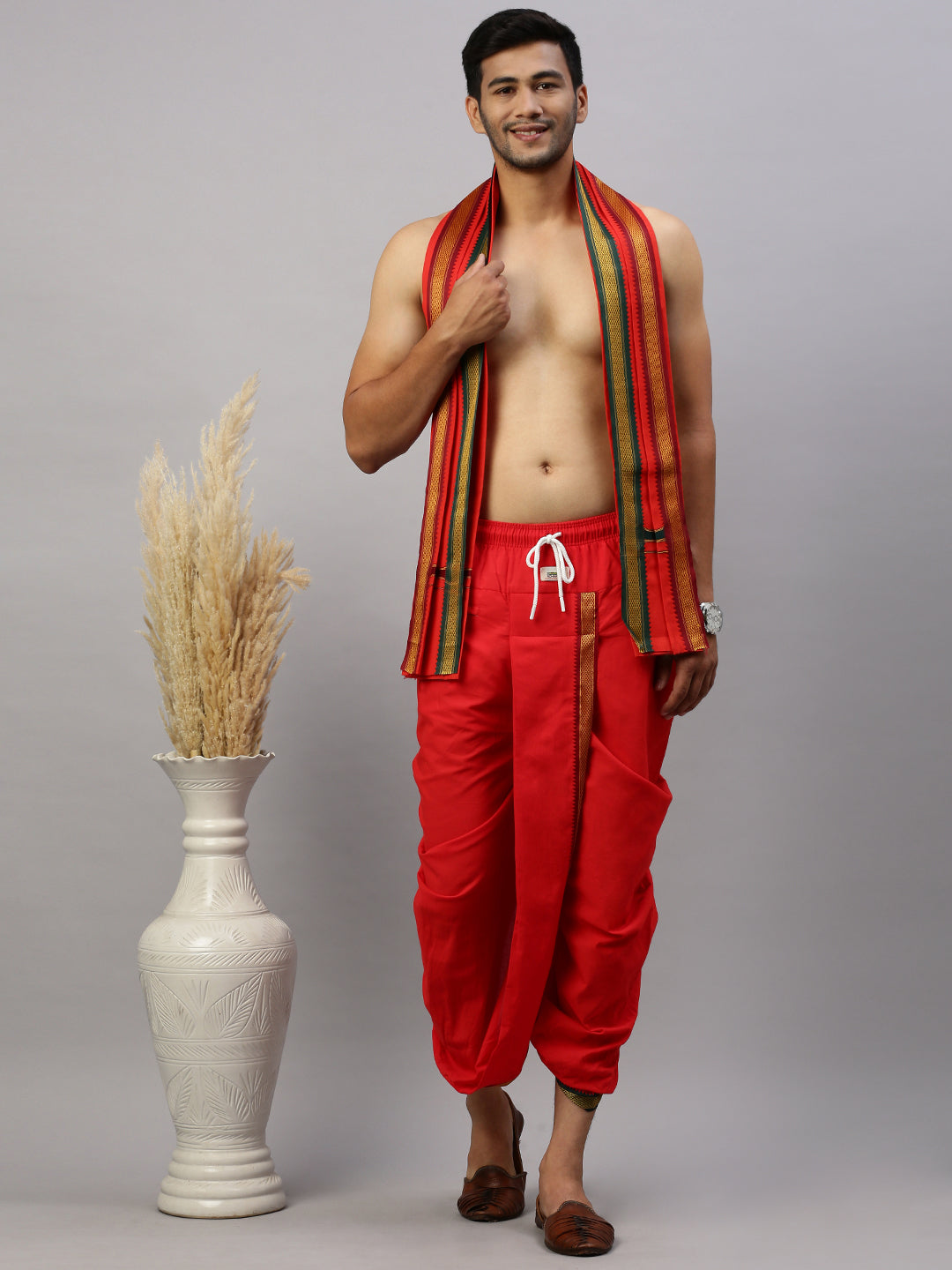Men Readymade Panchakacham & Towel Set Red Naivedhya