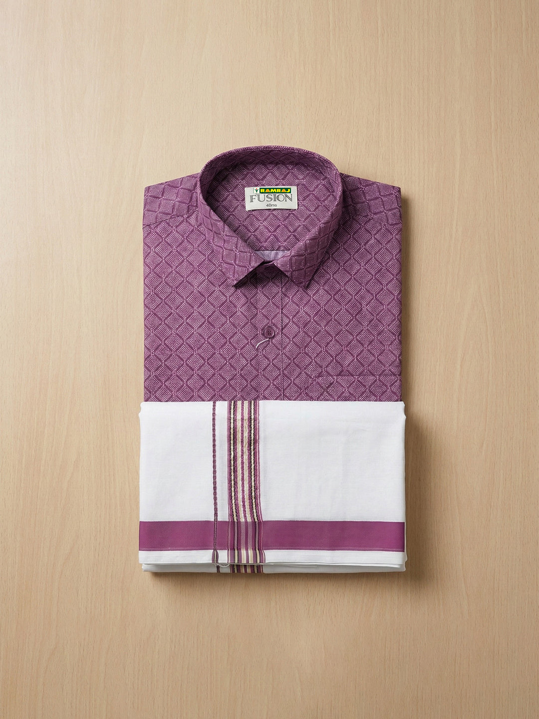 Men Dark Megenta Matching Border Dhoti With Printed Shirt Set Fusion PS28