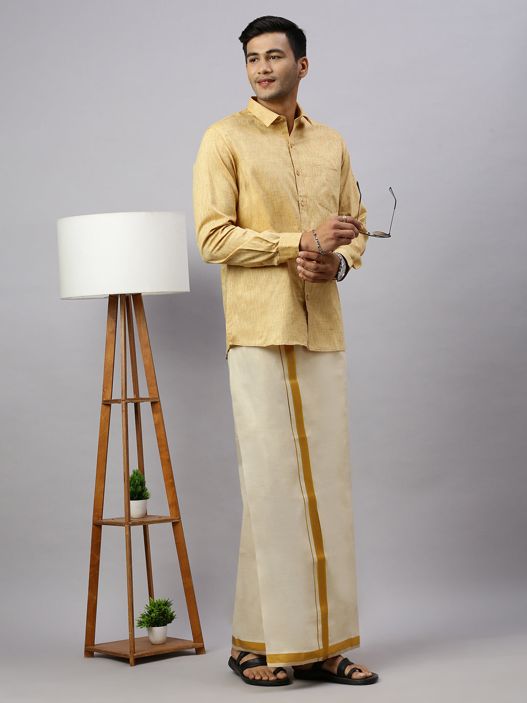Men Cotton Rich Mustard Shirt and Tissue Dhoti Set C1