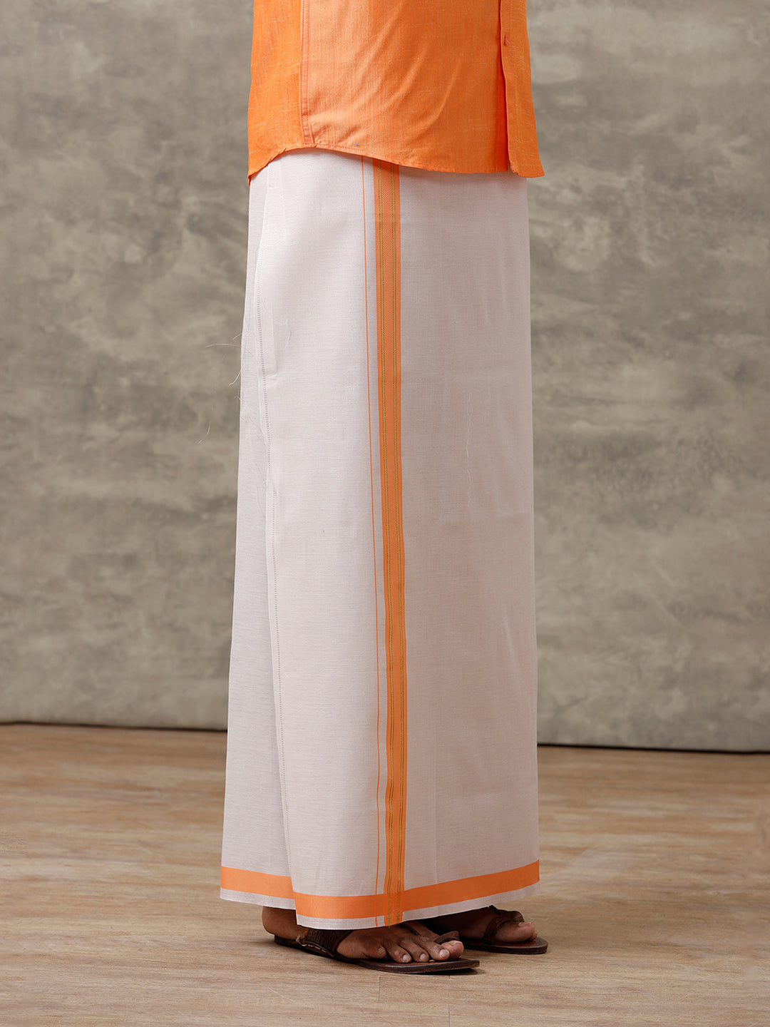 Men Cotton Blend Orange Shirt and Tissue Dhoti Set VB4