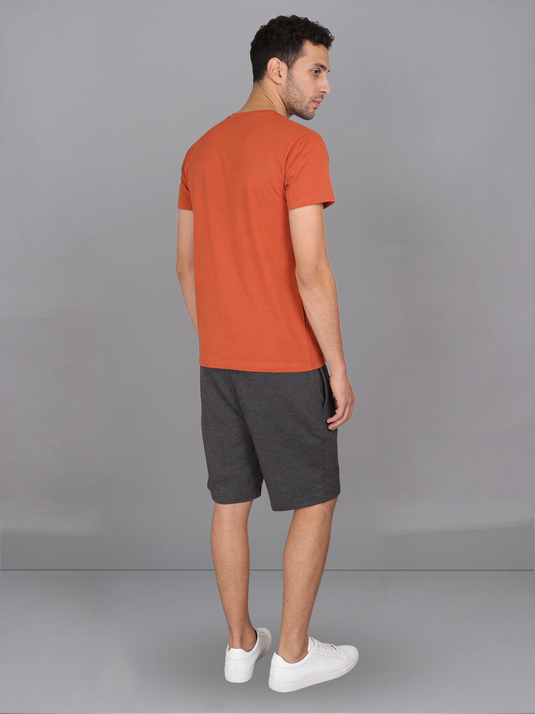 Men Orange Crew neck T-Shirt with Charcoal Shorts Combo ES8
