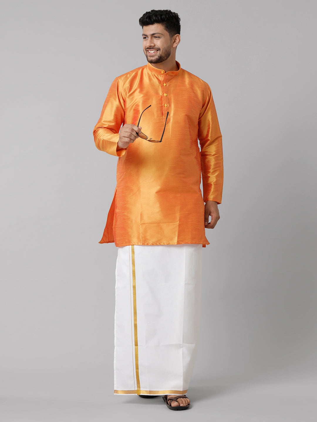 Mens Polyster Orange Medium Length Kurta with White 3/4" Gold Jari Dhoti Combo SL03-Full view