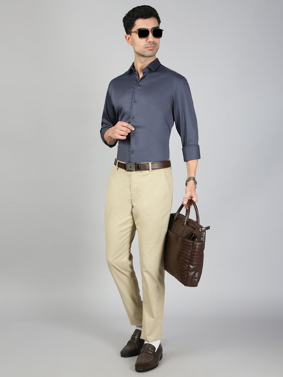 Men Stretch Cotton Shirt Greyish Blue FS31