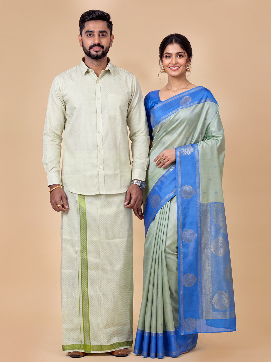 Couple Combo Shirt & Dhoti Set with Saree Moss Green ASS107