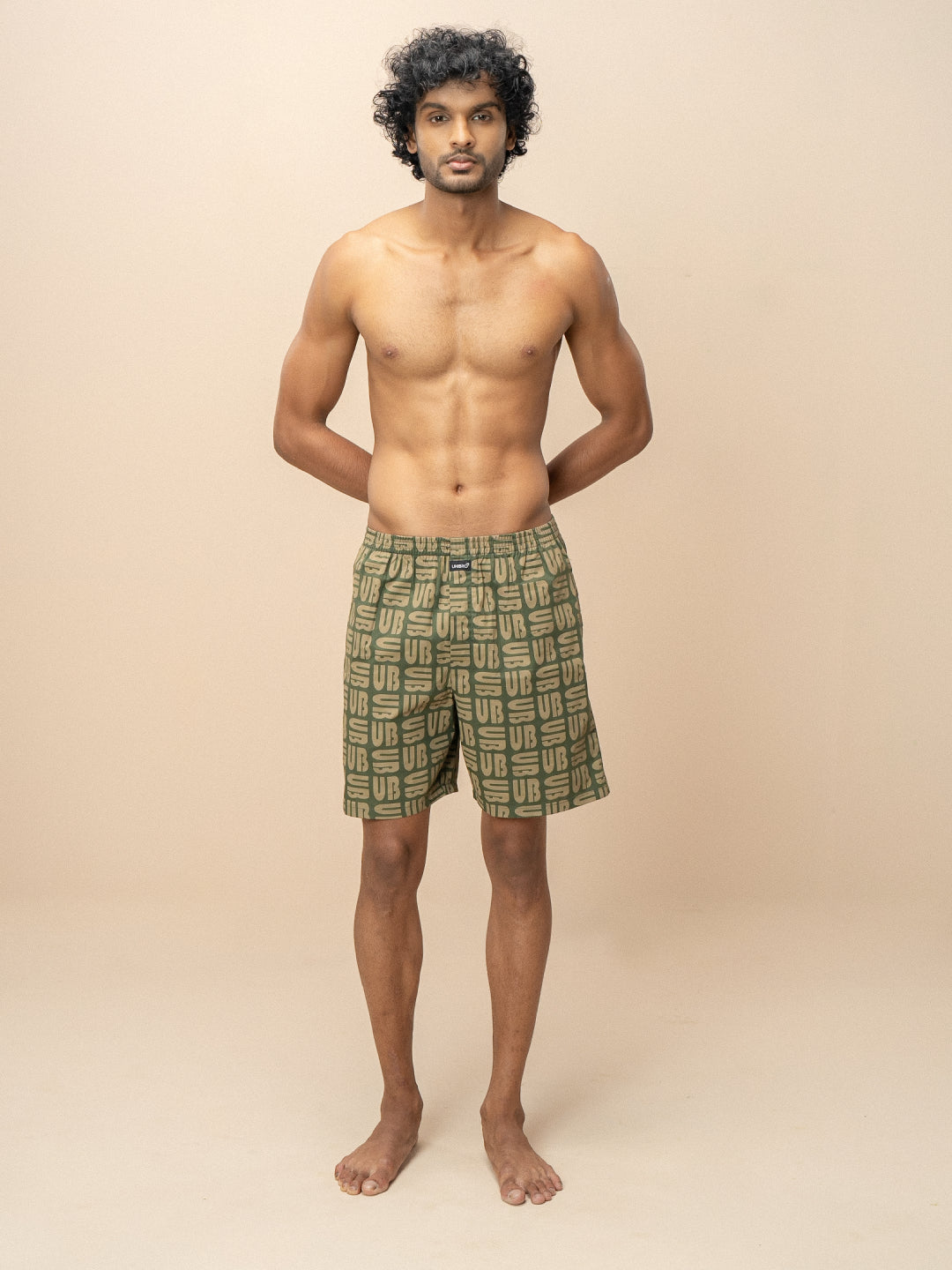 Men 100% Combed Cotton Green Woven Printed Boxer Long Shorts WB49