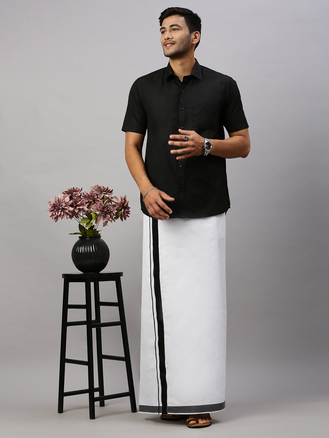 Men 100% Cotton Double Layer White Dhoti with Big Border AS06