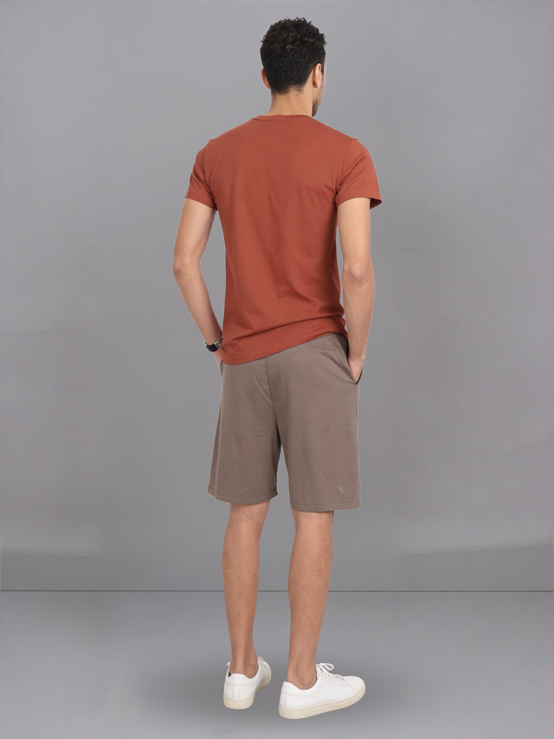 Men Orange Crew neck T-Shirt with Taupe Shorts Combo ES9