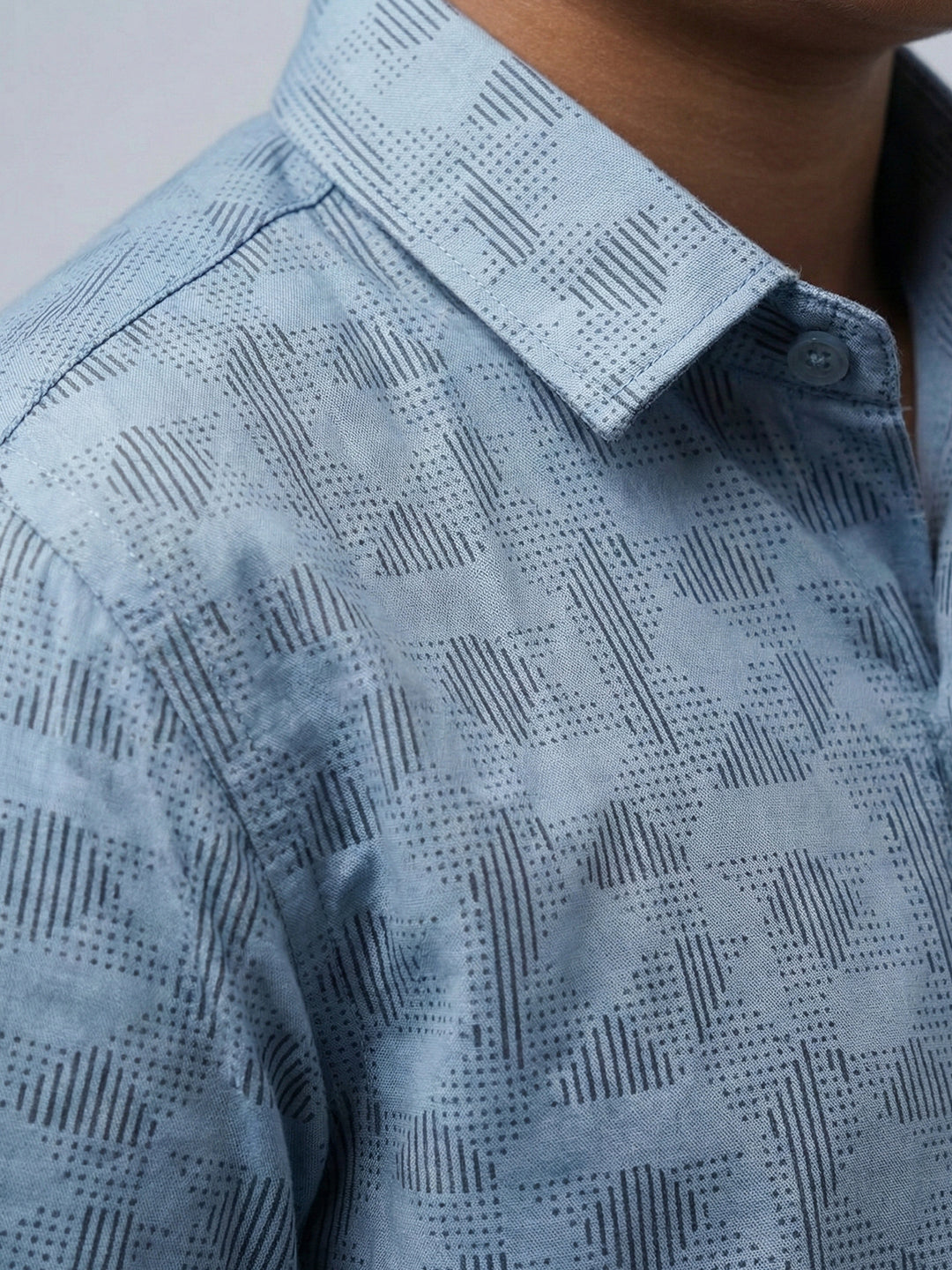 Boys Light Blue Matching Border Dhoti With Printed Shirt Set Fusion PS23