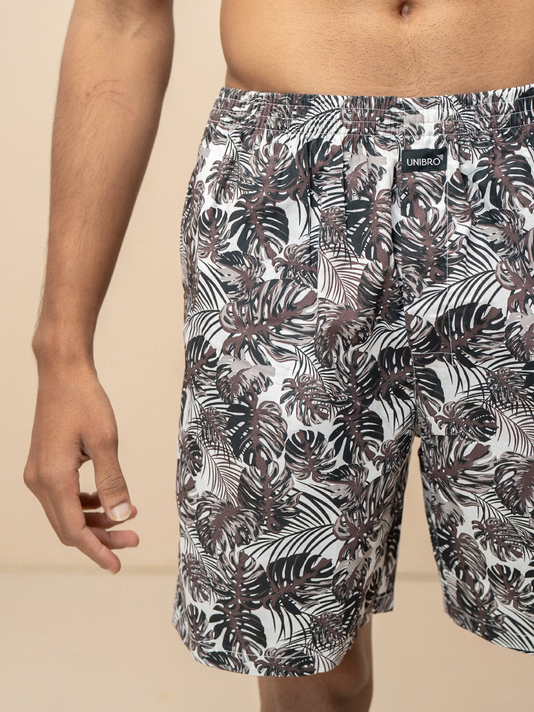 Men 100% Combed Cotton Brown Woven Printed Boxer Long Shorts WB53