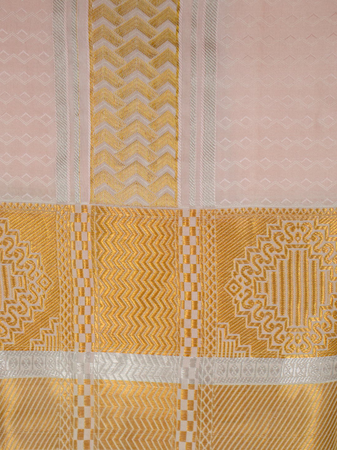 Men Pure Silk Peach Dhoti & Towel Set with 4" inch Silver Jari Border TKC14