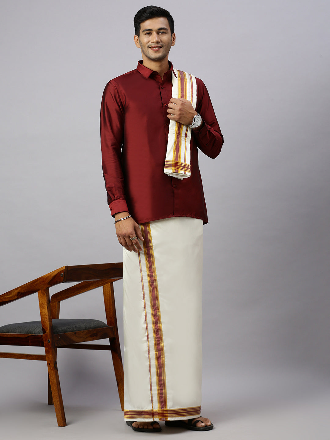 Mens Full Sleeves Maroon Shirt with Matching Border Cream Dhoti & Towel Set