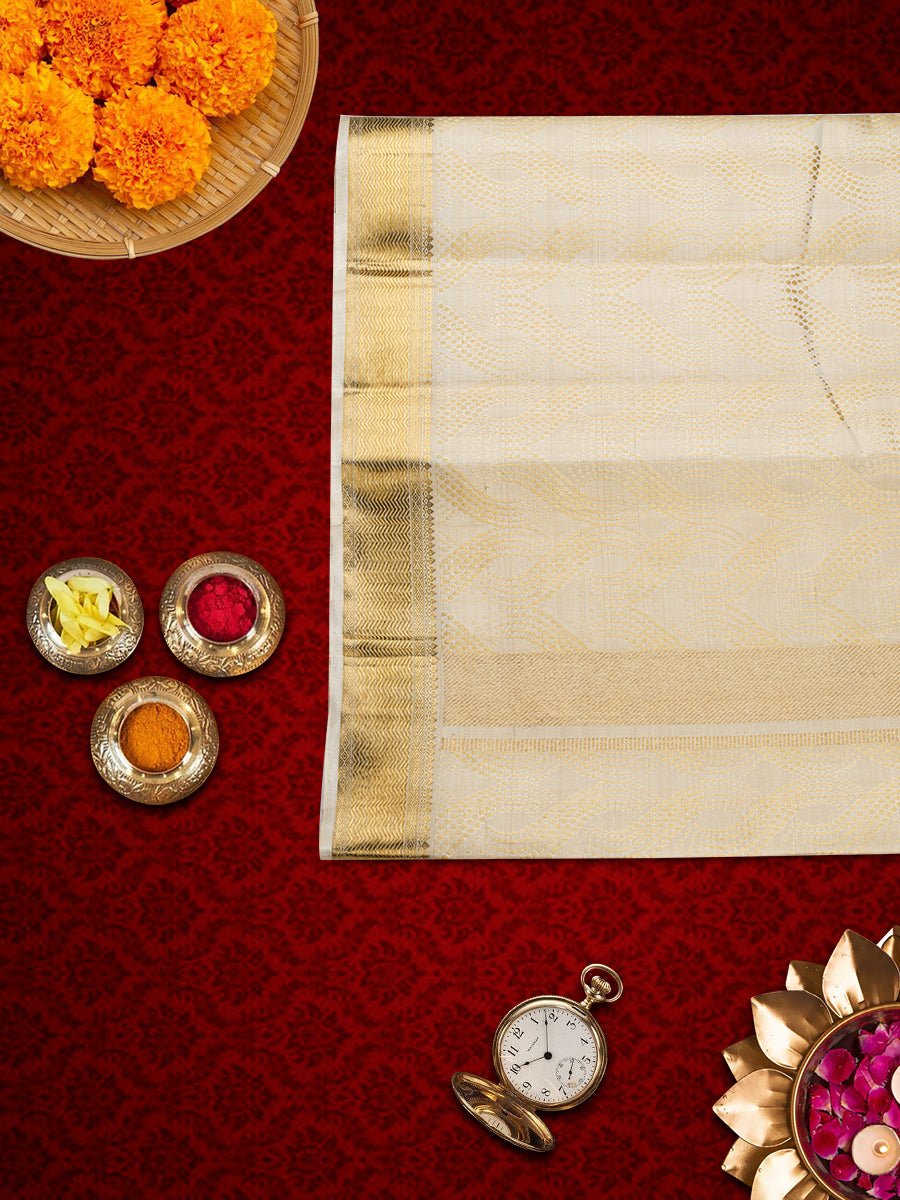 Mens Pure Silk Fawn 2 1/2" Gold Jari Border Dhoti with Towel Amirtham-View four