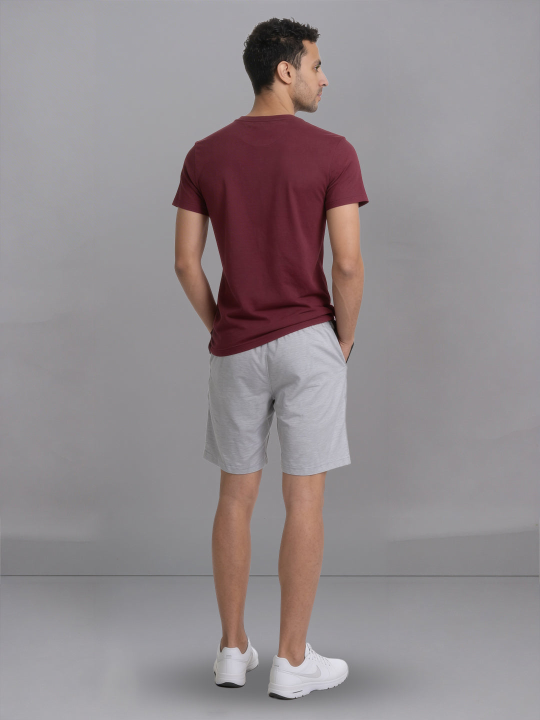 Men Burgandy Crew neck T-Shirt with Grey Melange Shorts Combo ES3