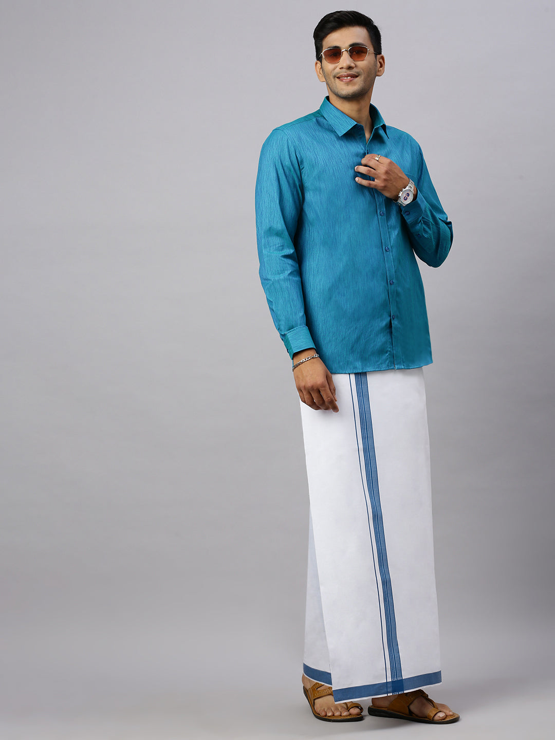 Men Peacock Blue Matching Border Dhoti & Full Sleeves Shirt Set CV6