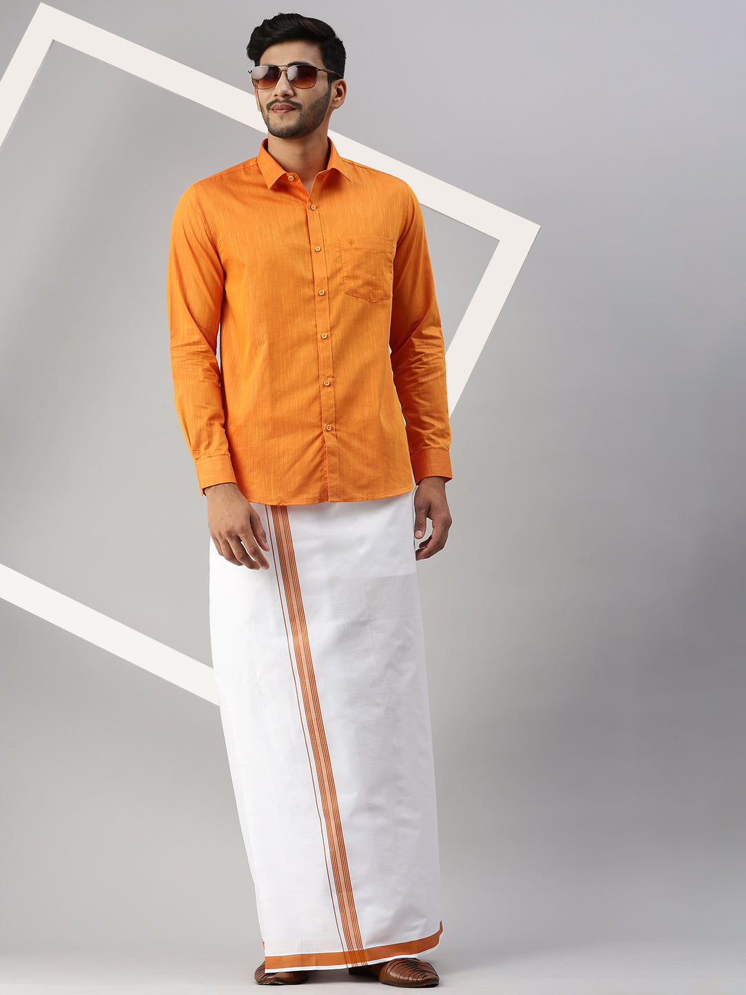 Mens Orange Matching Border Dhoti & Full Sleeves Shirt Set Evolution IC1-Front view