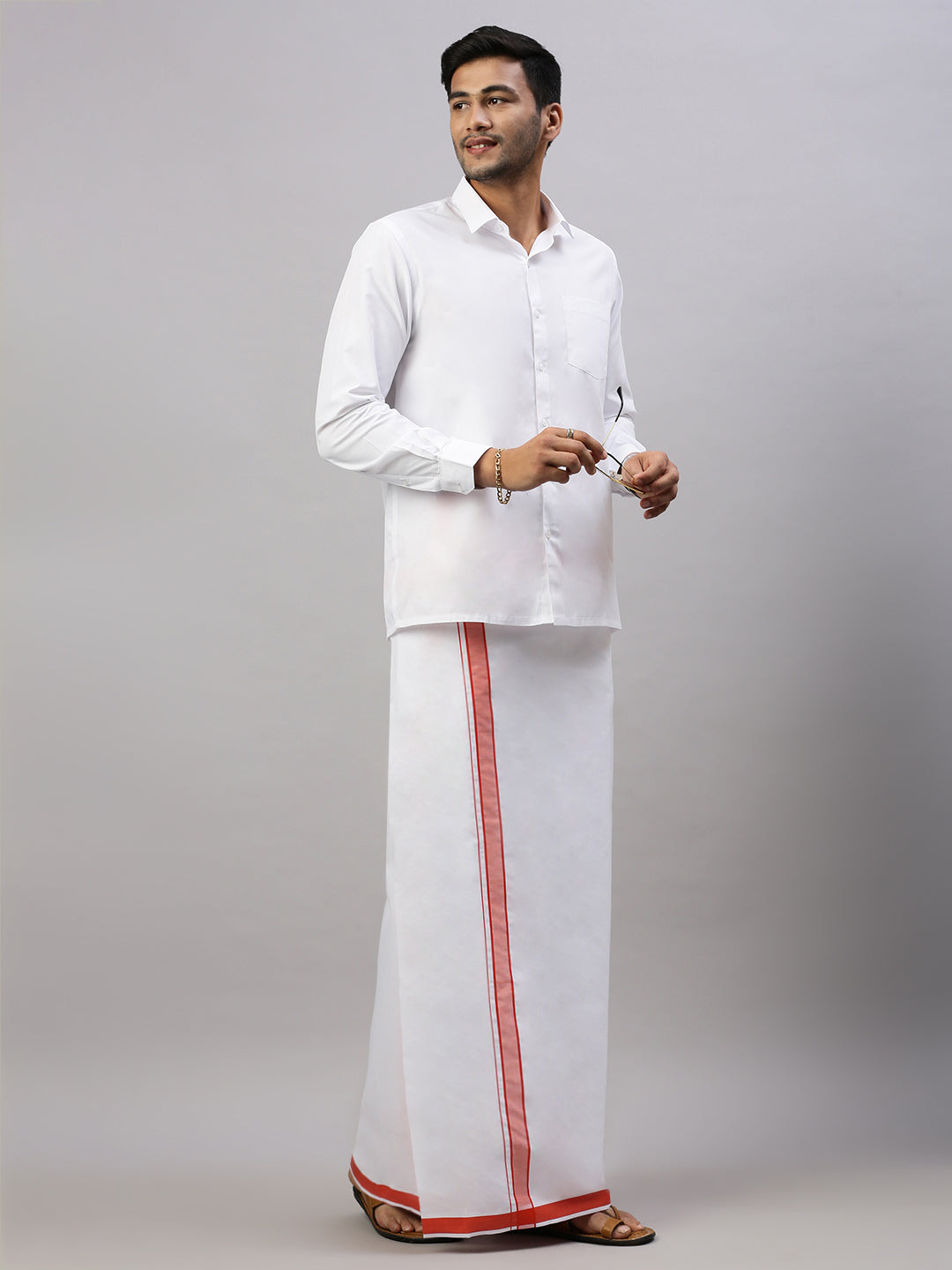 Men Cotton Blend Single Layer White Dhoti with Fancy Border WP17