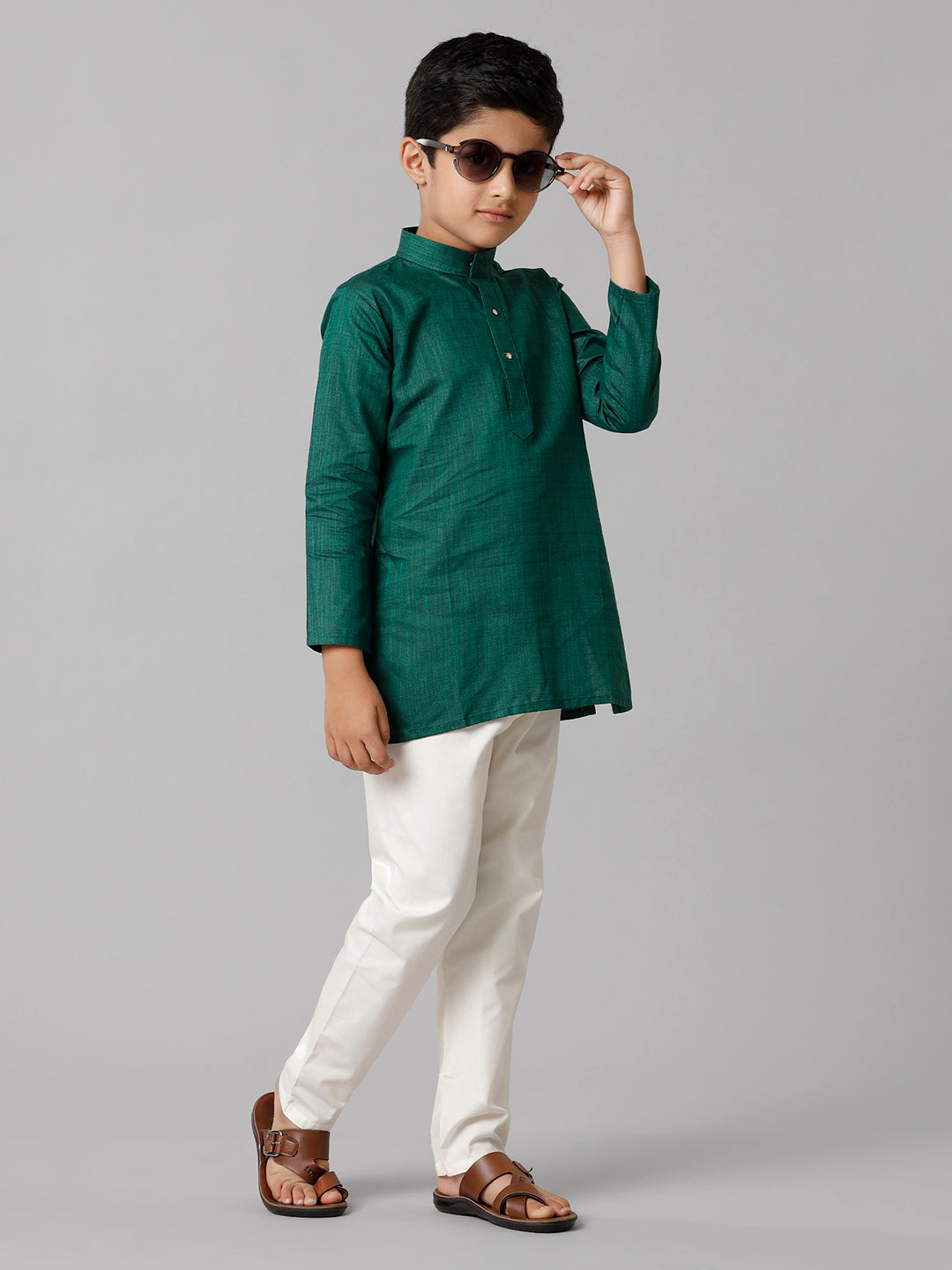Boys Cotton Full Sleeves Dark Green Kurta with Cream Pyjama Pant Combo FS5-Side view