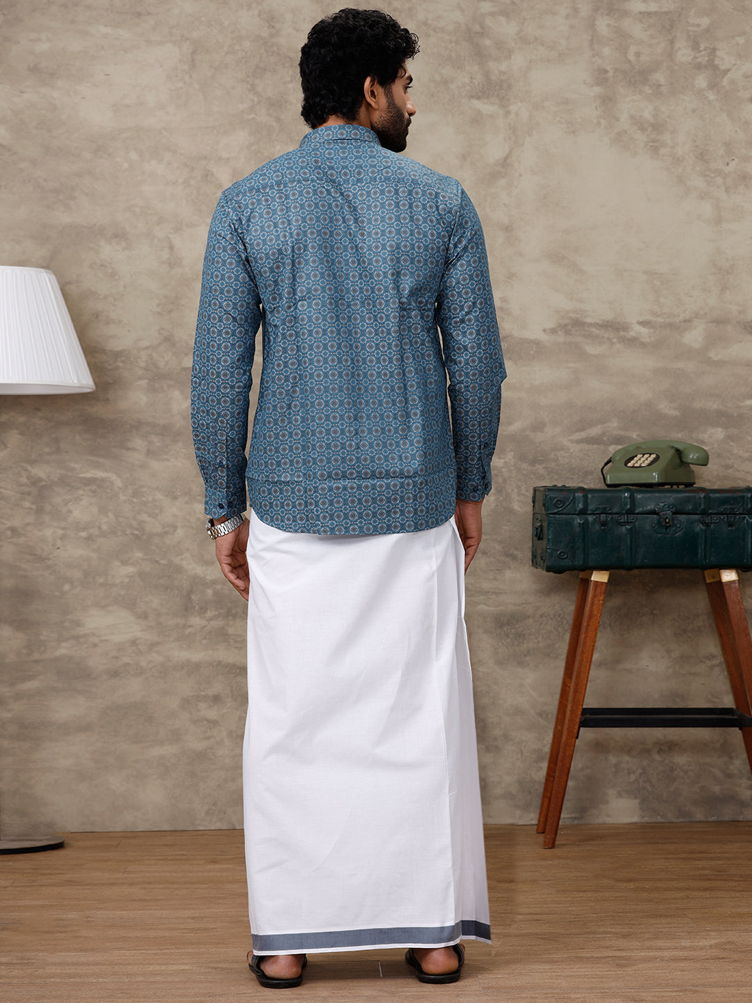 Men Dark Blue With Grey Matching Border Dhoti with Printed Shirt Set Fusion PS4