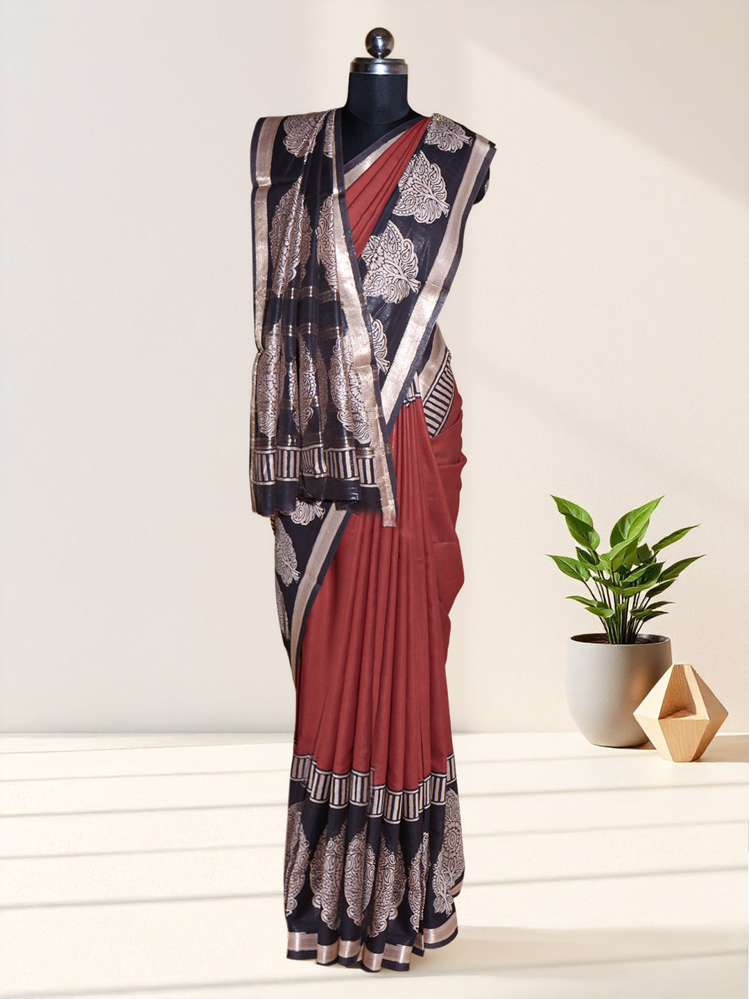 Women Maroon Semi Chanderi Cotton Printed Saree SC79