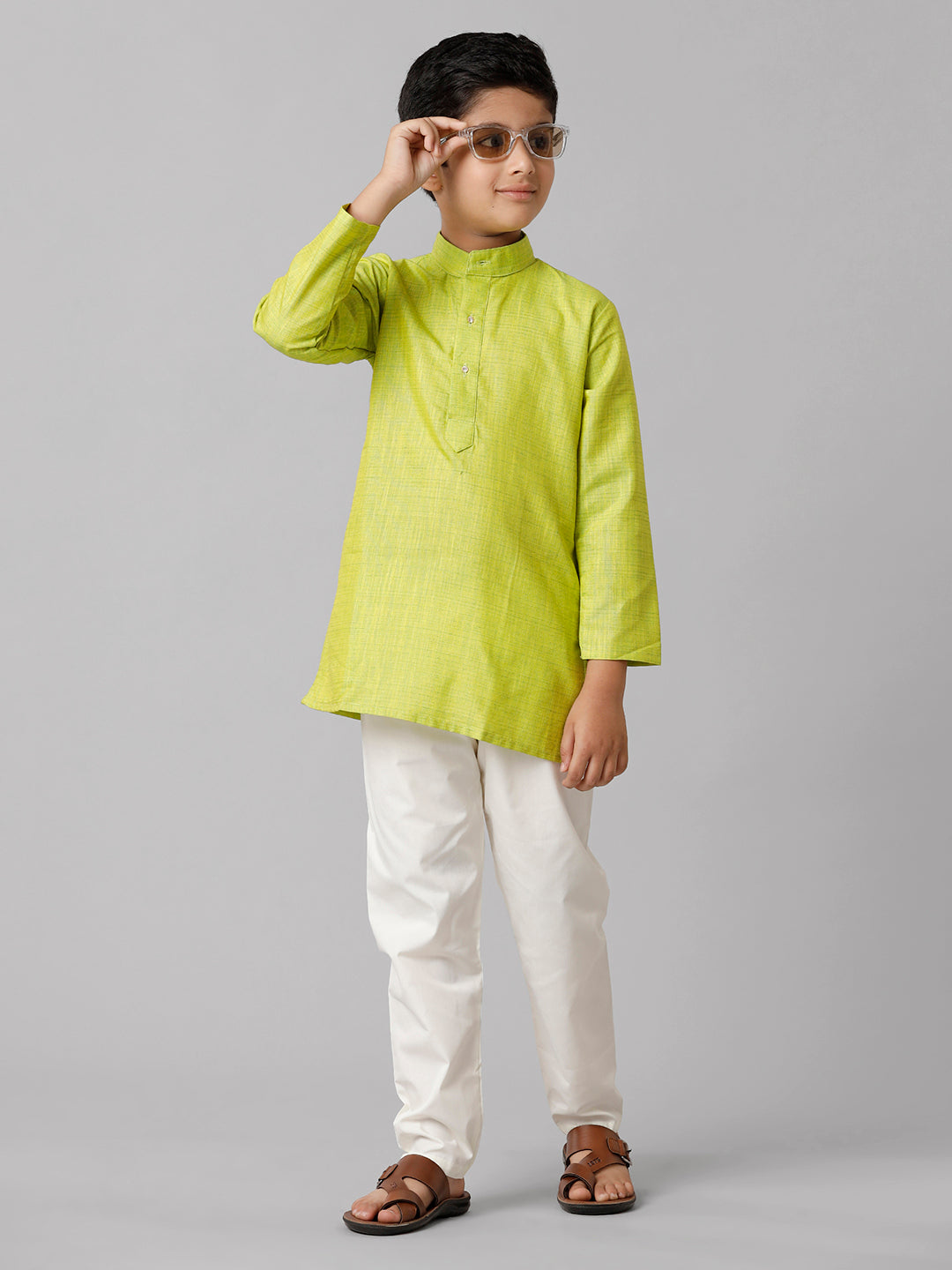 Boys Cotton Full Sleeves Parrot Green Kurta with Cream Pyjama Pant Combo FS2-Front view