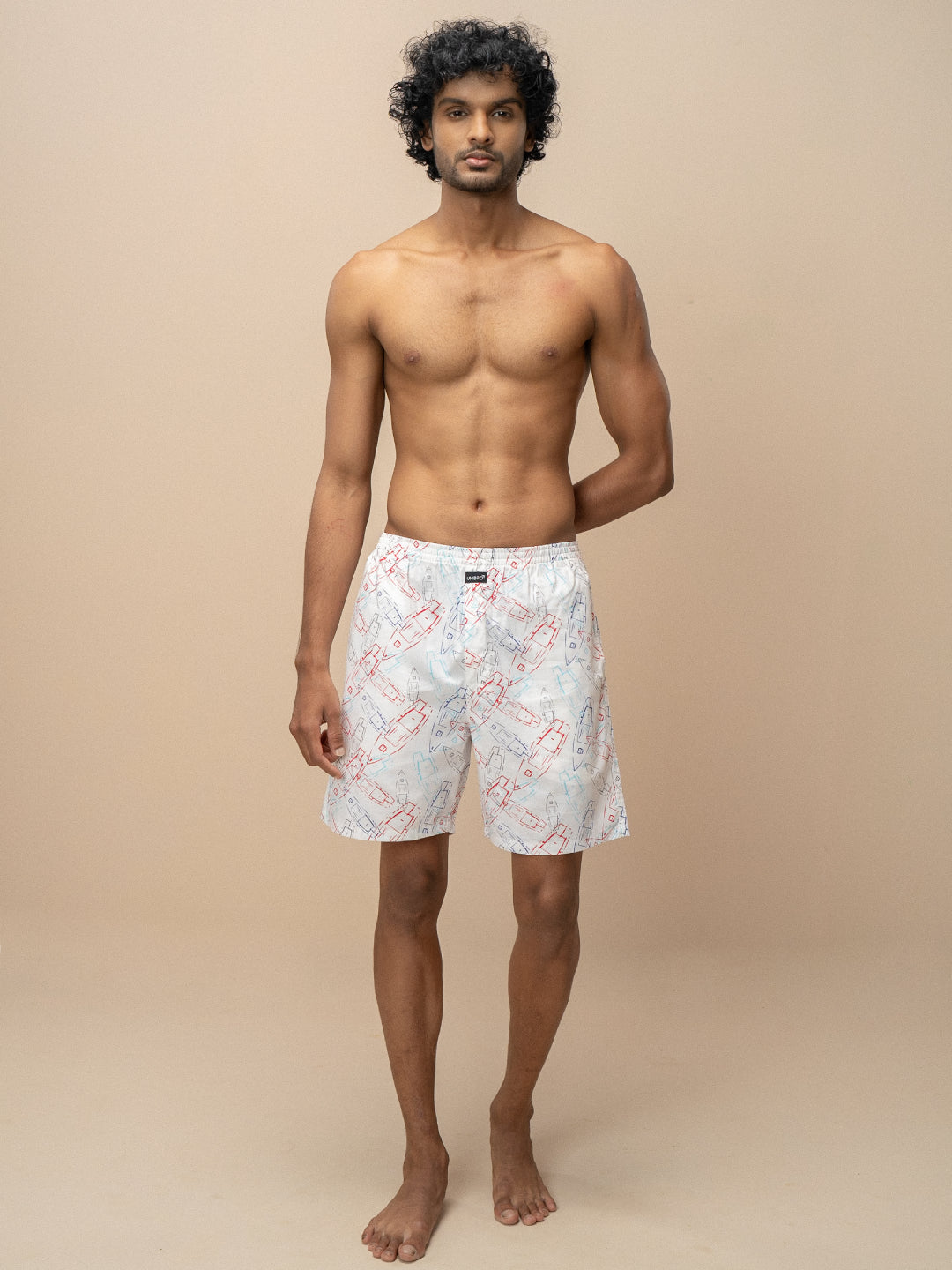 Men 100% Combed Cotton Off White Woven Printed Boxer Long Shorts WB46