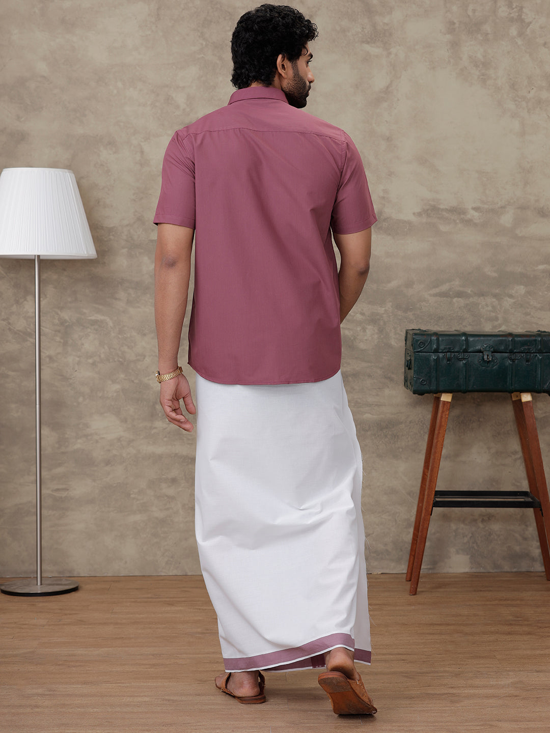 Men Wine Berry Shirt With Matching Border Dhoti Set Trendy