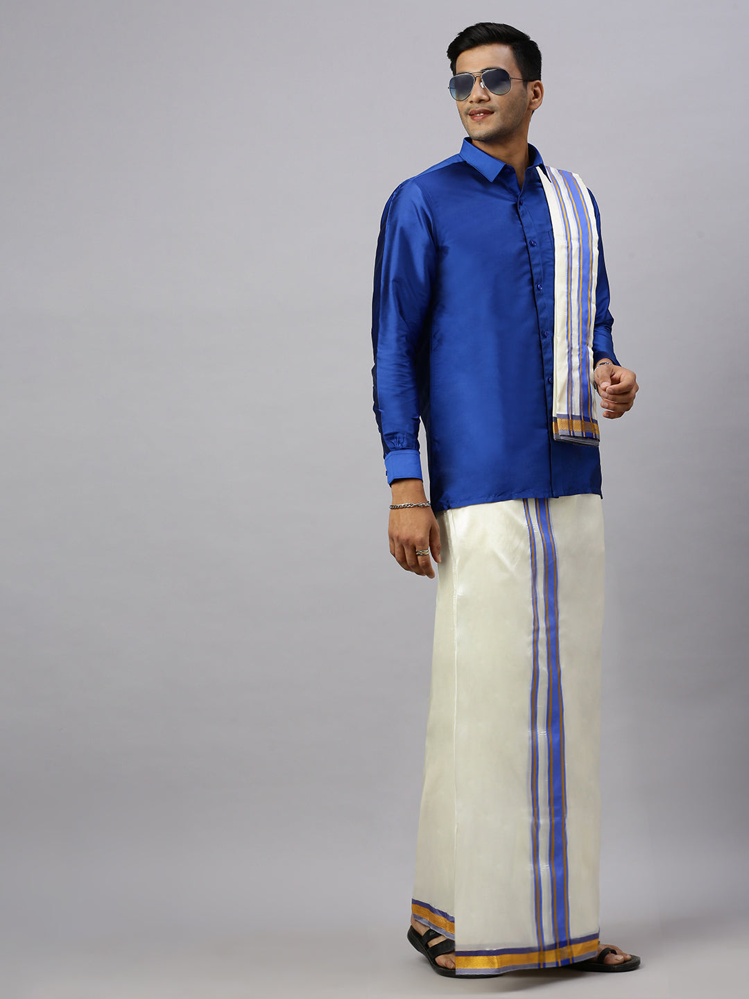 Mens Full Sleeves Poster Blue Shirt with Matching Border Cream Dhoti & Towel Set