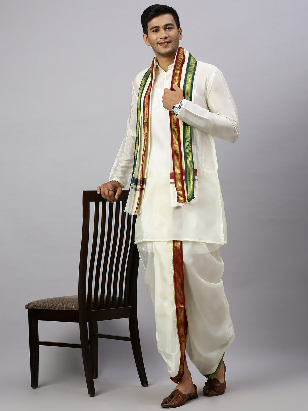 Men Art Silk Kurta Readymade Elastic Panchakacham & Towel Set