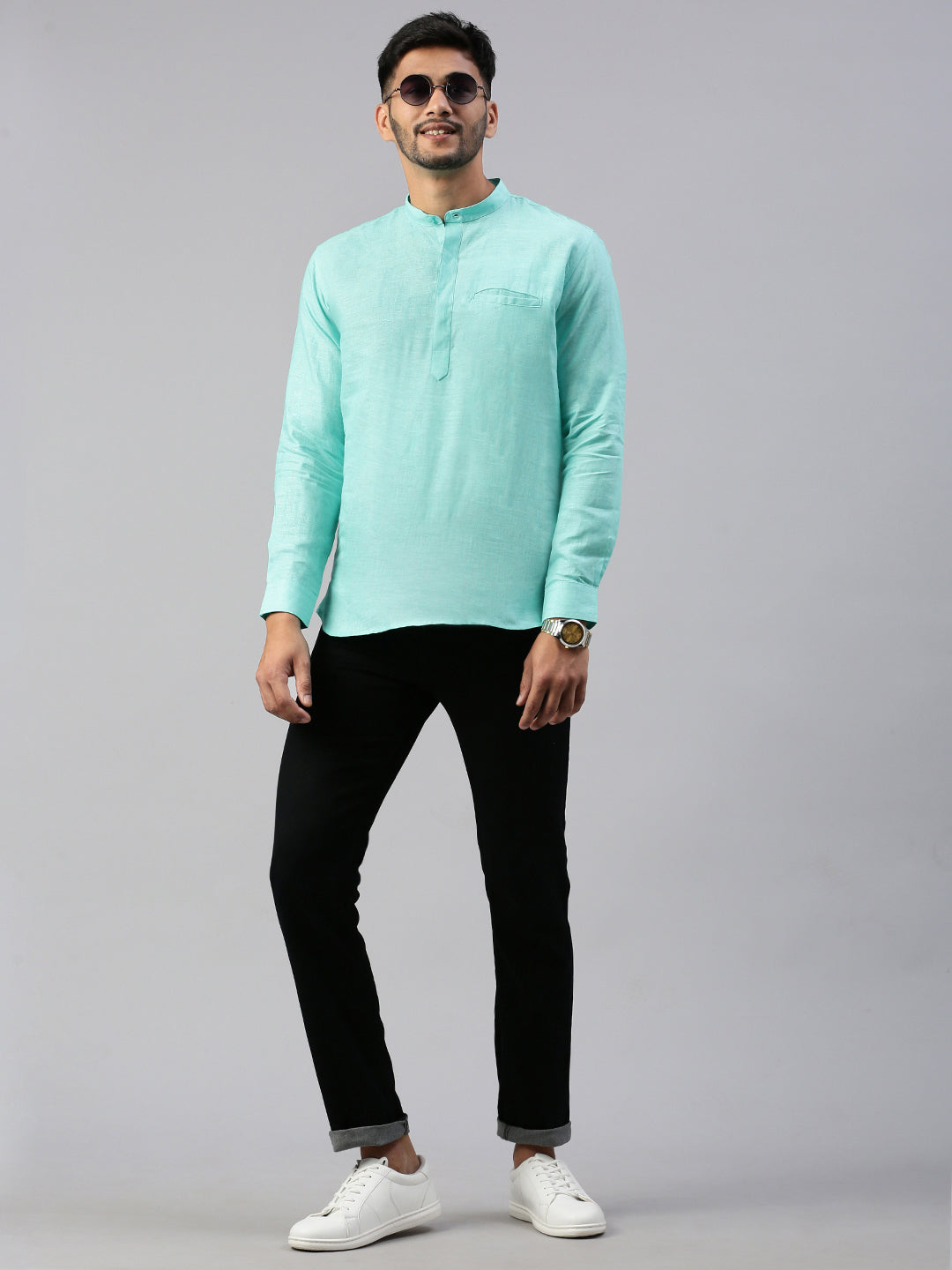 Men Linen Short Length Plain Pocket Kurta Blue M16