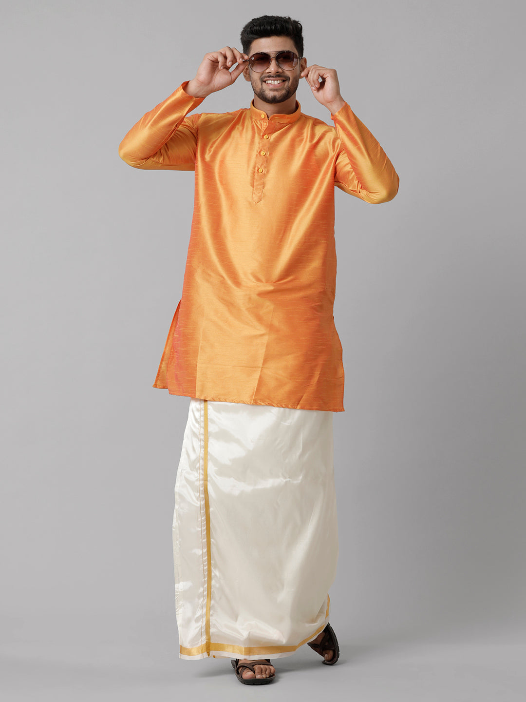 Mens Polyster Orange Medium Length Kurta with Art Silk Jari Dhoti Combo SL03-Full view