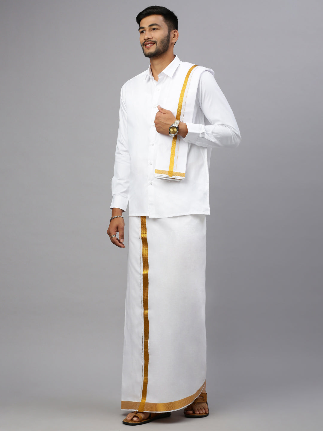 Men White with 1 1/2" inch Gold Jari Border Dhoti Shirting & Towel Set