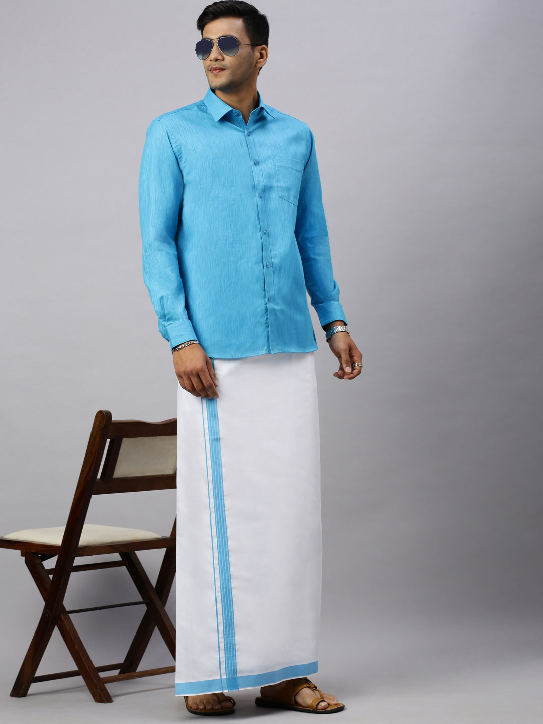 Mens Eastern Blue Matching Border Dhoti & Full Sleeves Shirt Set CV5