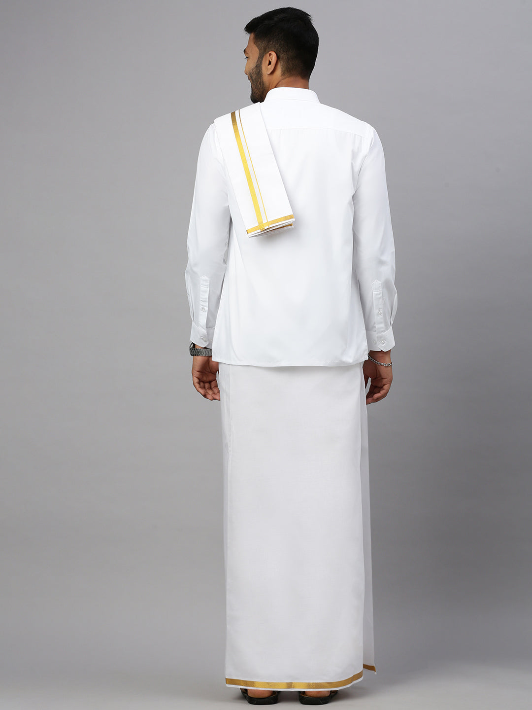 Men White Full Sleeves Shirt with 3/4'' inch Gold Jari Border Single Layer Dhoti & Towel Combo