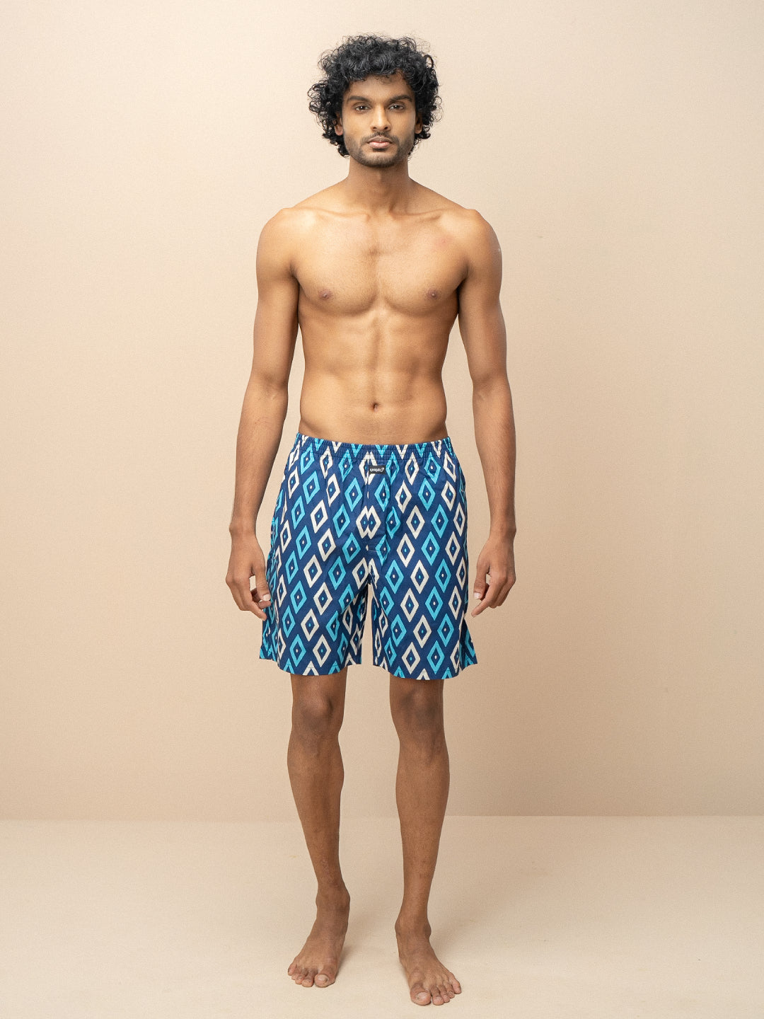 Men 100% Combed Cotton Blue Woven Printed Boxer Long Shorts WB48