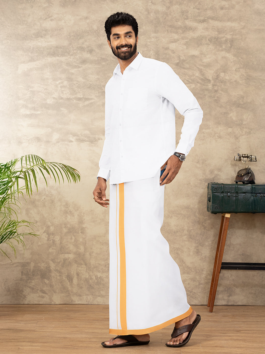 Men Cotton Blend Readymade Single Layer White Dhoti with Big Border GACS11